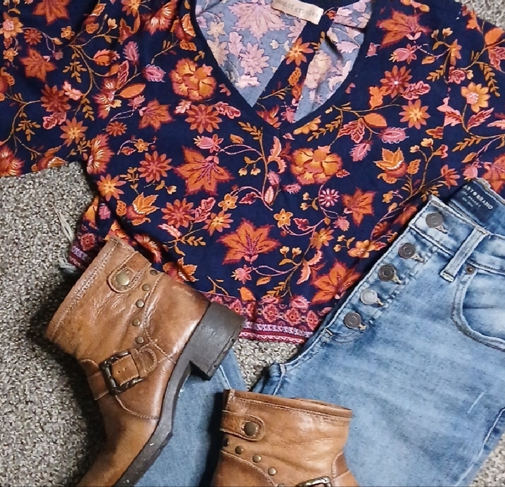 Band of Gypsies Navy and Orange Floral Blouse
